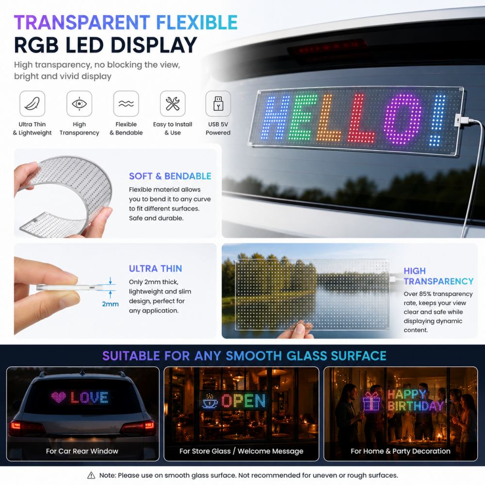 Transparent Flexible LED Matrix Panel – 64x16 RGB Pixel Smart Programmable LED Scrolling Sign LED Display for Car Rear Window & Store Glass