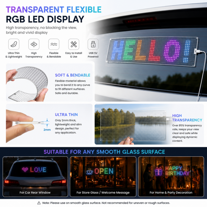 Transparent Flexible LED Matrix Panel – 64x16 RGB Pixel Smart Programm