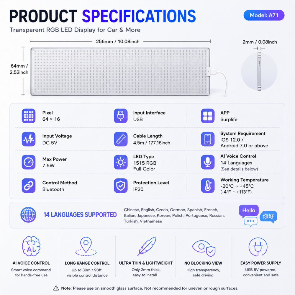 Transparent Flexible LED Matrix Panel – 64x16 RGB Pixel Smart Programmable LED Scrolling Sign LED Display for Car Rear Window & Store Glass