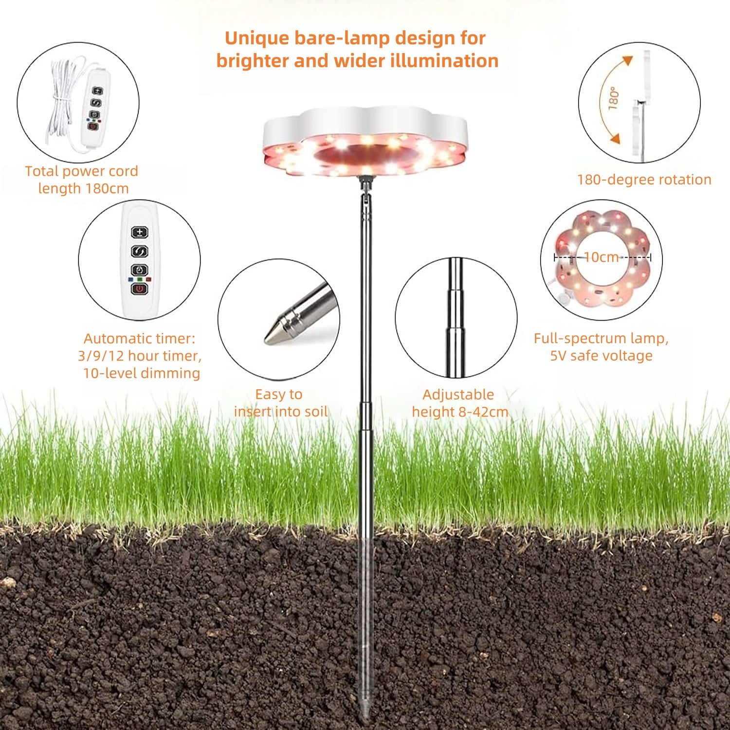Potted Plants LED Grow Light - 5V | Height Adjustable | Auto On/Off Timer | Full Spectrum | Stake / Desk Base | Dimmable Brightness | Halo Plant Lamp for Indoor Plants Growing | USB Plug | 1 / 2 Pack