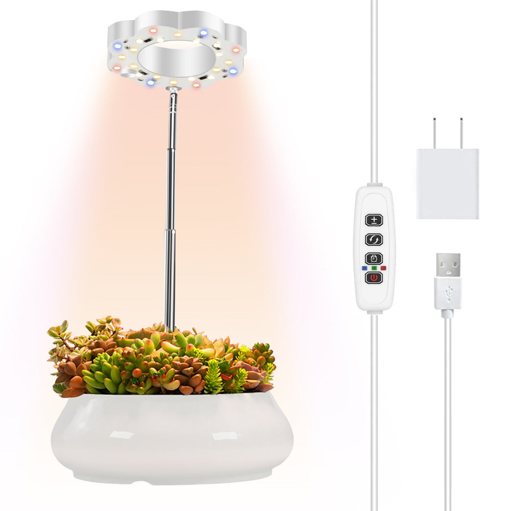 Potted Plants LED Grow Light - 5V | Height Adjustable | Auto On/Off Timer | Full Spectrum | Stake / Desk Base | Dimmable Brightness | Halo Plant Lamp for Indoor Plants Growing | USB Plug | 1 / 2 Pack