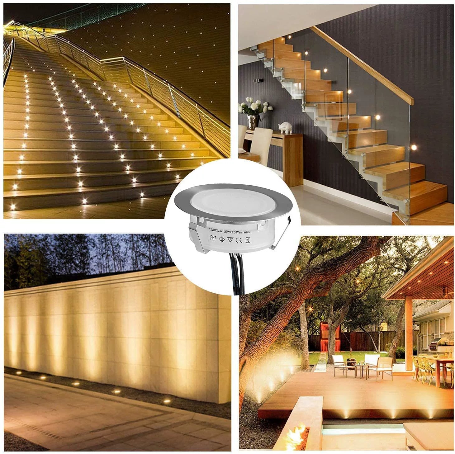 6-Pack Recessed LED Deck Lights – 1.5W Each | Warm White / Natural White  | AC100–265V Input with Power Adapter | US / EU / UK / AU Plug Options | IP67 Waterproof Inground Step Lights Kit for Deck, Garden, Yard, Stairs & Pathway Lighting