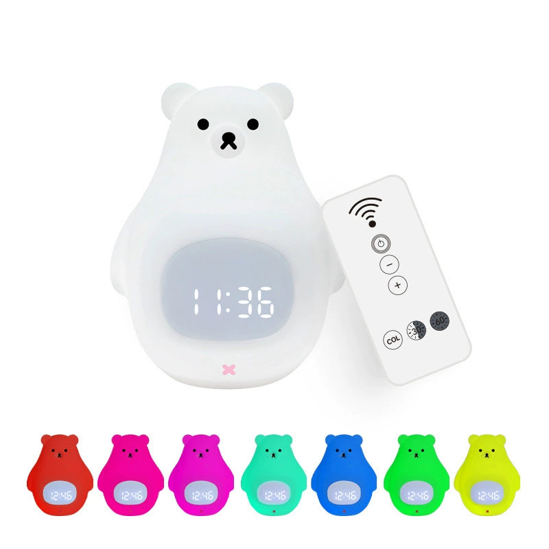 Silicone Alarm Clock LED Night Light – Rechargeable Baby Nursery Sleep Lamp with Timer | 3-Color Touch/ RGB Color Changing with Remote Control | for Baby Girls Boys
