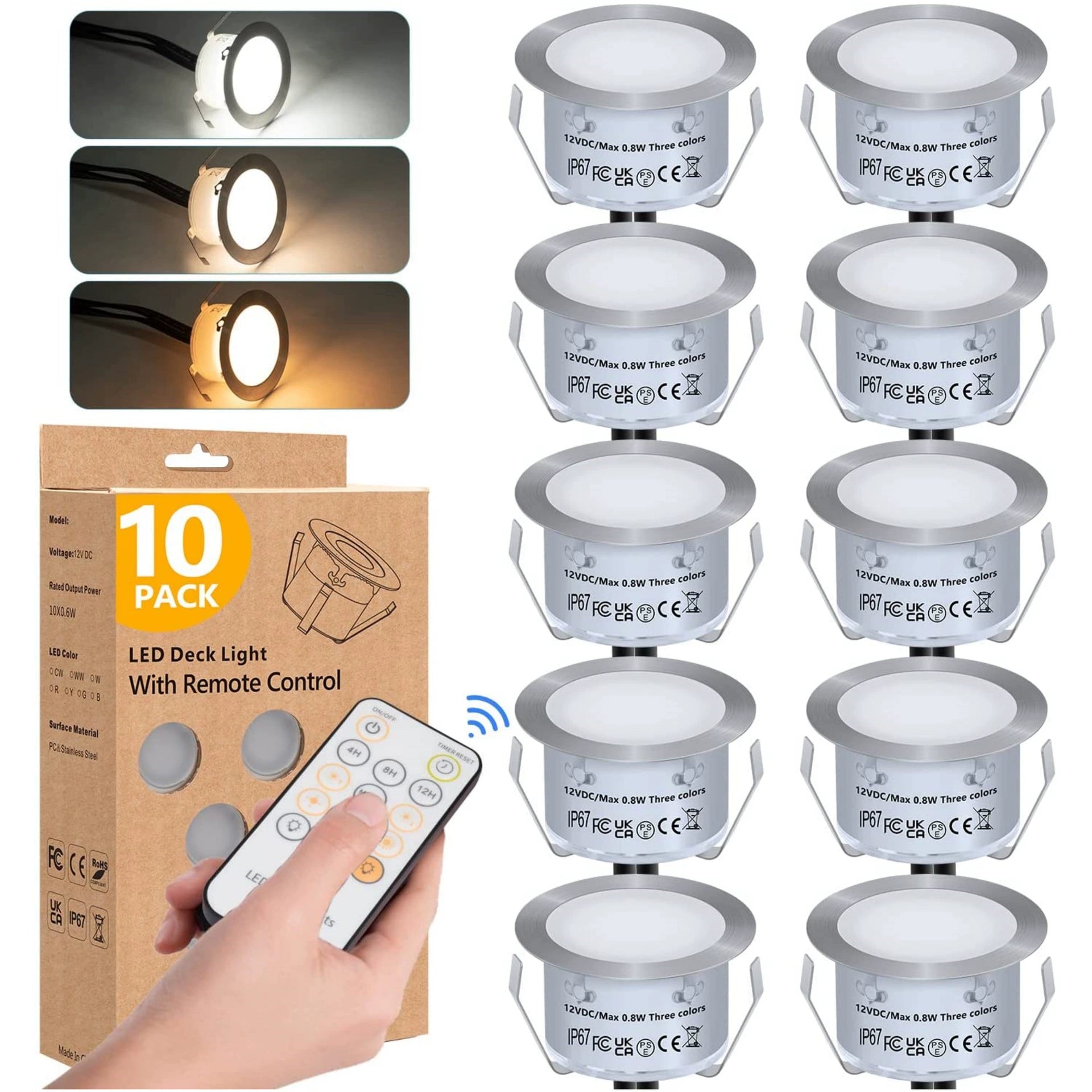 10-Pack Recessed LED Deck Lights – 0.8W Each | 3CCT Selectable 3000K / 4000K / 6000K  | Remote Control Color Temperature Switching | AC100–265V Input with Power Adapter | US / EU / UK / AU Plug Options | IP67 Waterproof Inground Step Lights Kit