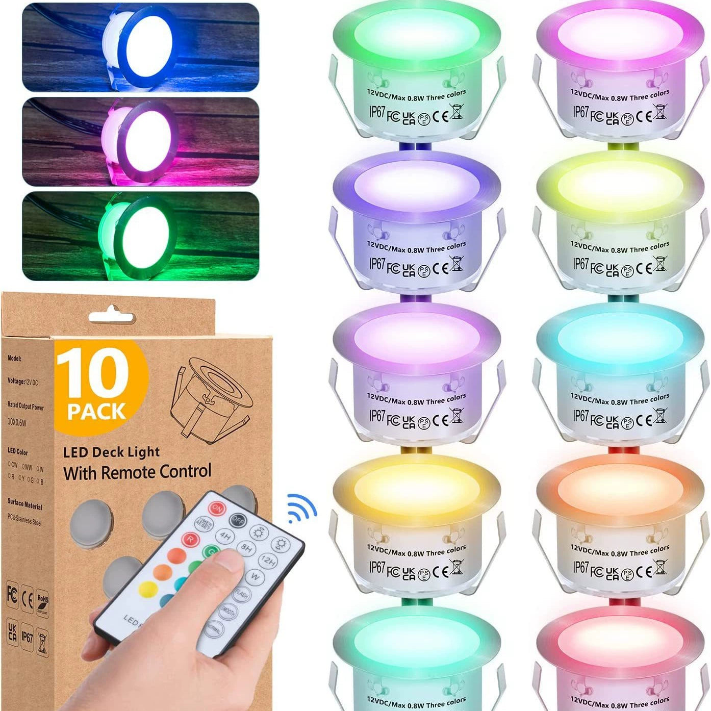 10-Pack RGB Recessed LED Deck Lights – Remote Control  | AC100–265V Input with Power Adapter | US / EU / UK / AU Plug Options | IP67 Waterproof Inground Step Lights Kit for Deck, Garden, Yard, Stairs & Pathway Lighting