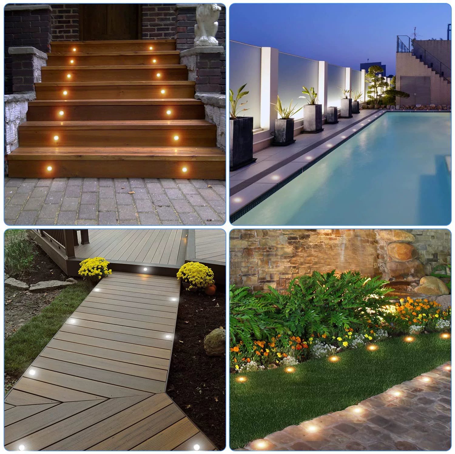 10-Pack Recessed LED Deck Lights – 0.8W Each | 3CCT Selectable 3000K / 4000K / 6000K  | Remote Control Color Temperature Switching | AC100–265V Input with Power Adapter | US / EU / UK / AU Plug Options | IP67 Waterproof Inground Step Lights Kit