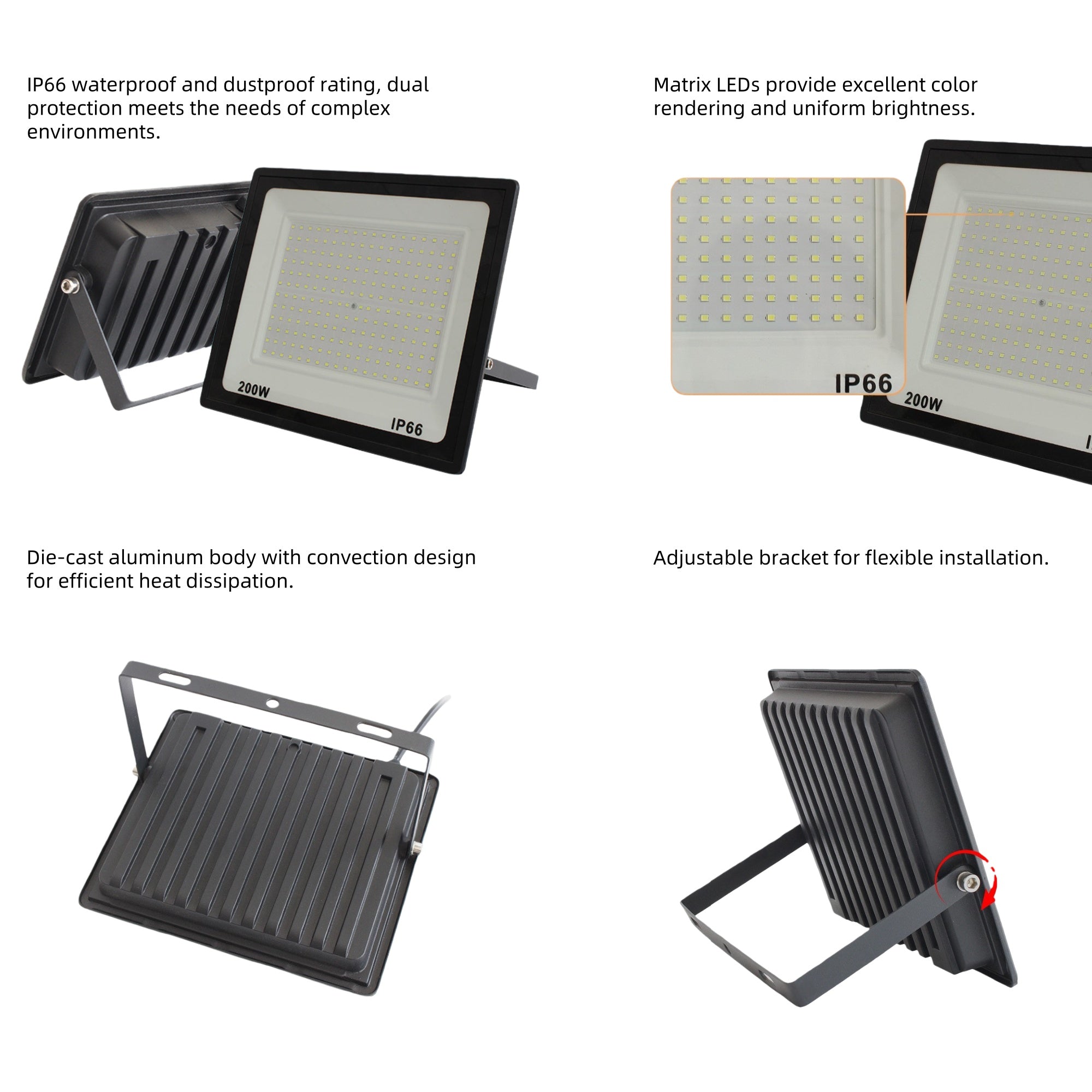 IP66 Waterproof LED Flood Light Outdoor – 10W to 300W High Brightness SMD2835 Security Floodlight, Aluminum Housing, 90–100LM/W, 3000K/6500K Options
