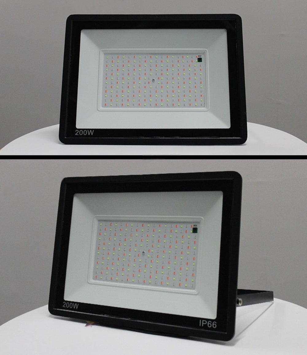 RGB LED Flood Light with 24-Key IR Remote – 20W to 200W, IP66 Waterproof Outdoor Landscape and Stage Light, Tempered Glass & Aluminum Housing, 16 Color Modes, Memory Function, AC100–265V