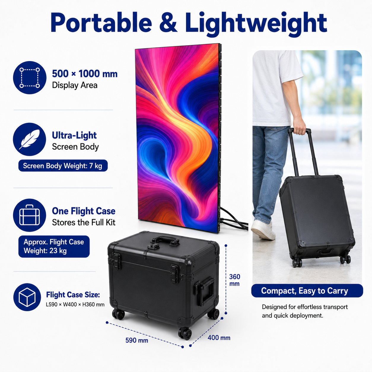 Écran LED enroulable série EP-RS | 500 × 1 000 mm | P2,6 / P1,95 / P1,56 / P1,25 | Léger, flexible et portable | Compatible avec suspension et installation magnétique 