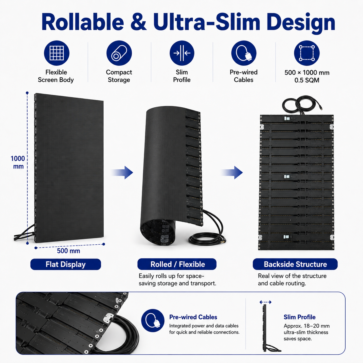 Écran LED enroulable série EP-RS | 500 × 1 000 mm | P2,6 / P1,95 / P1,56 / P1,25 | Léger, flexible et portable | Compatible avec suspension et installation magnétique 