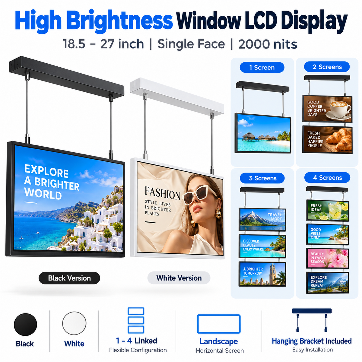 32" einseitiges 2500 Nits High Bright LCD-Fensterwerbedisplay, Android RK3568 2G+32G, ohne Touch, Cloud/APP/USB, Wandmontage/Bodenständer/Hängemontage