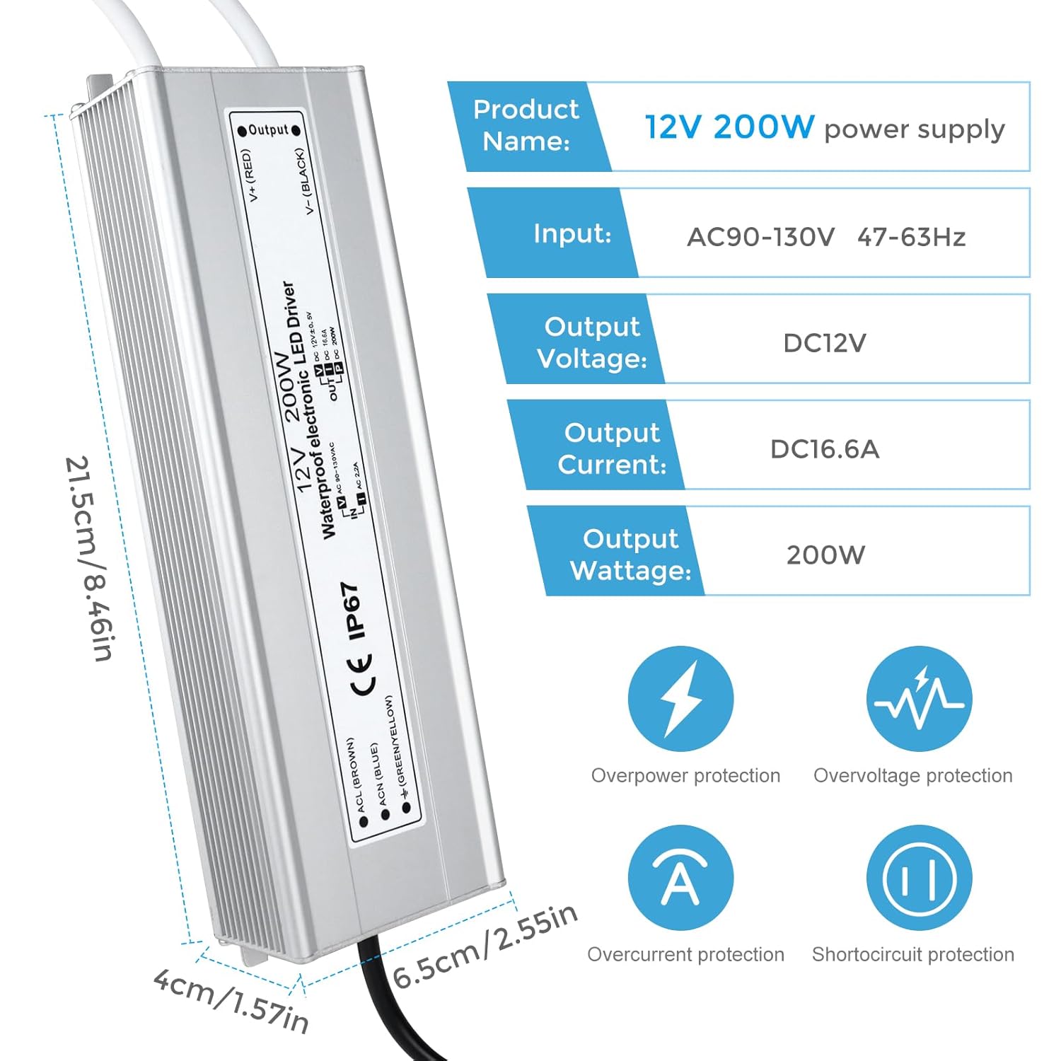 12V Waterproof LED Power Supply, 175–265V Input, 200W–500W, Single/Dual Wire Output, Outdoor LED Driver, CE/RoHS/FCC — UK/EU Plug & Wire Leads Options