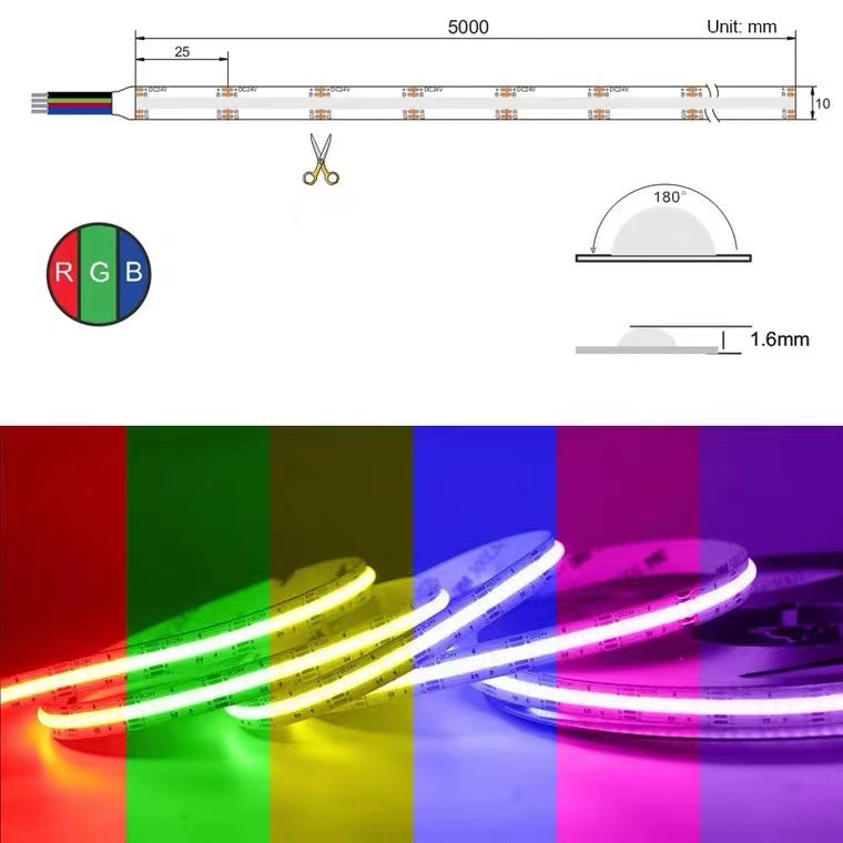Multi-colors FCOB LED Strip 16.4FT/5M Dot Free 840LEDs/M 14W/M 24V RGB LED Light Tape