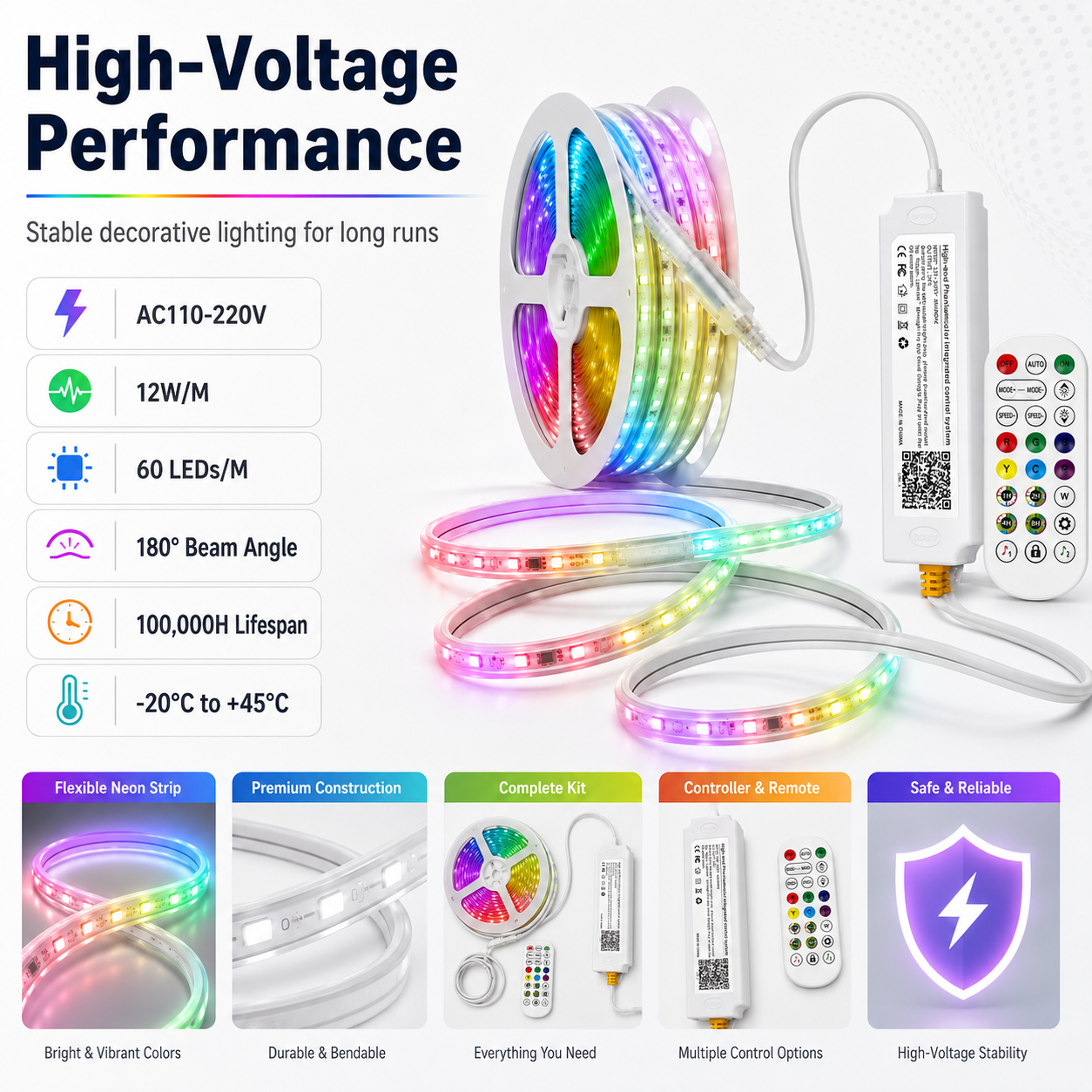 SMD5050 RGBIC Dream Color High Voltage LED Neon Strip Light - 6x14.5mm | 12W/M | SMD5050 60 LEDs/M | AC110-220V | Remote&APP Controller | IP67 Waterproof RGBIC Chasing Neon Light Kit | Indoor & Outdoor Decoration  | 10/50M
