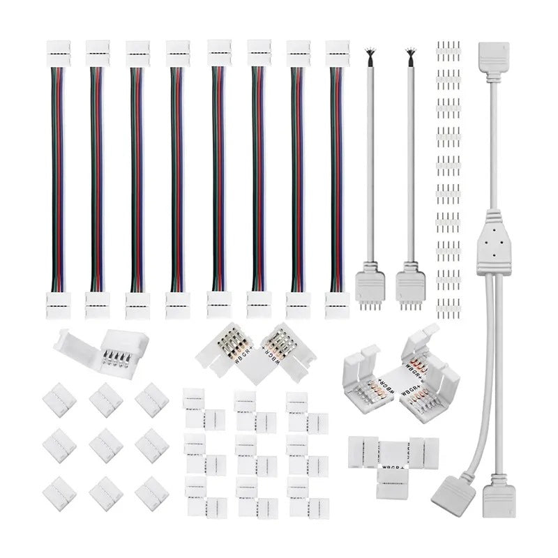 LED Strip Connector Kit – 12mm 5Pin RGBW Solderless Assortment Pack | Mixed Set with Strip to Strip with Wire / Strip to Strip Seamless / L / T, 5P Needle to Wire, Needle to Needle Y Shape Connector