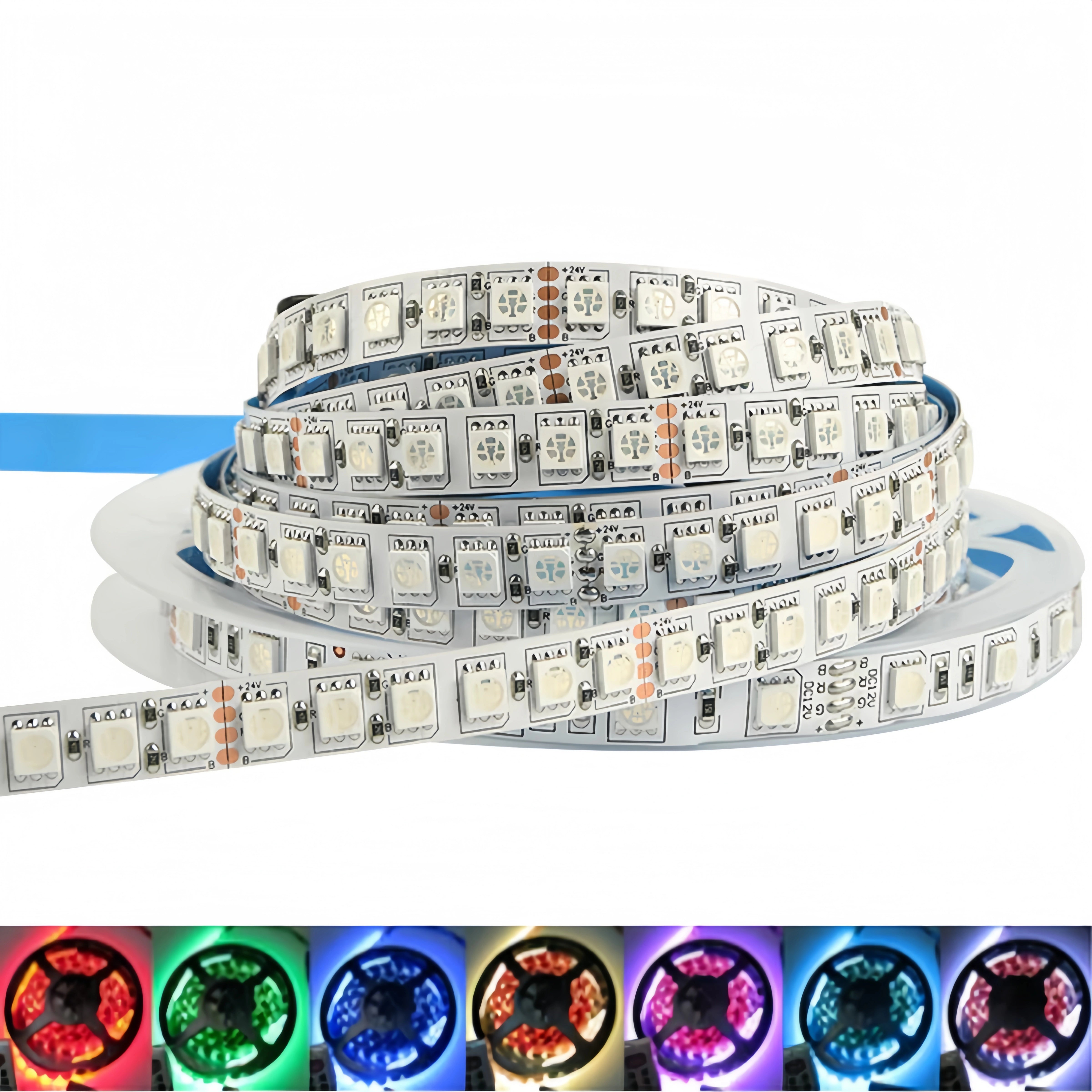 RGB LED Strip Light | 12V DC | SMD5050, 120 LEDs/M, 5M (16.4FT) Roll | 10mm White PCB | IP00/IP65/IP67 Options | Strip Only & Complete Kit
