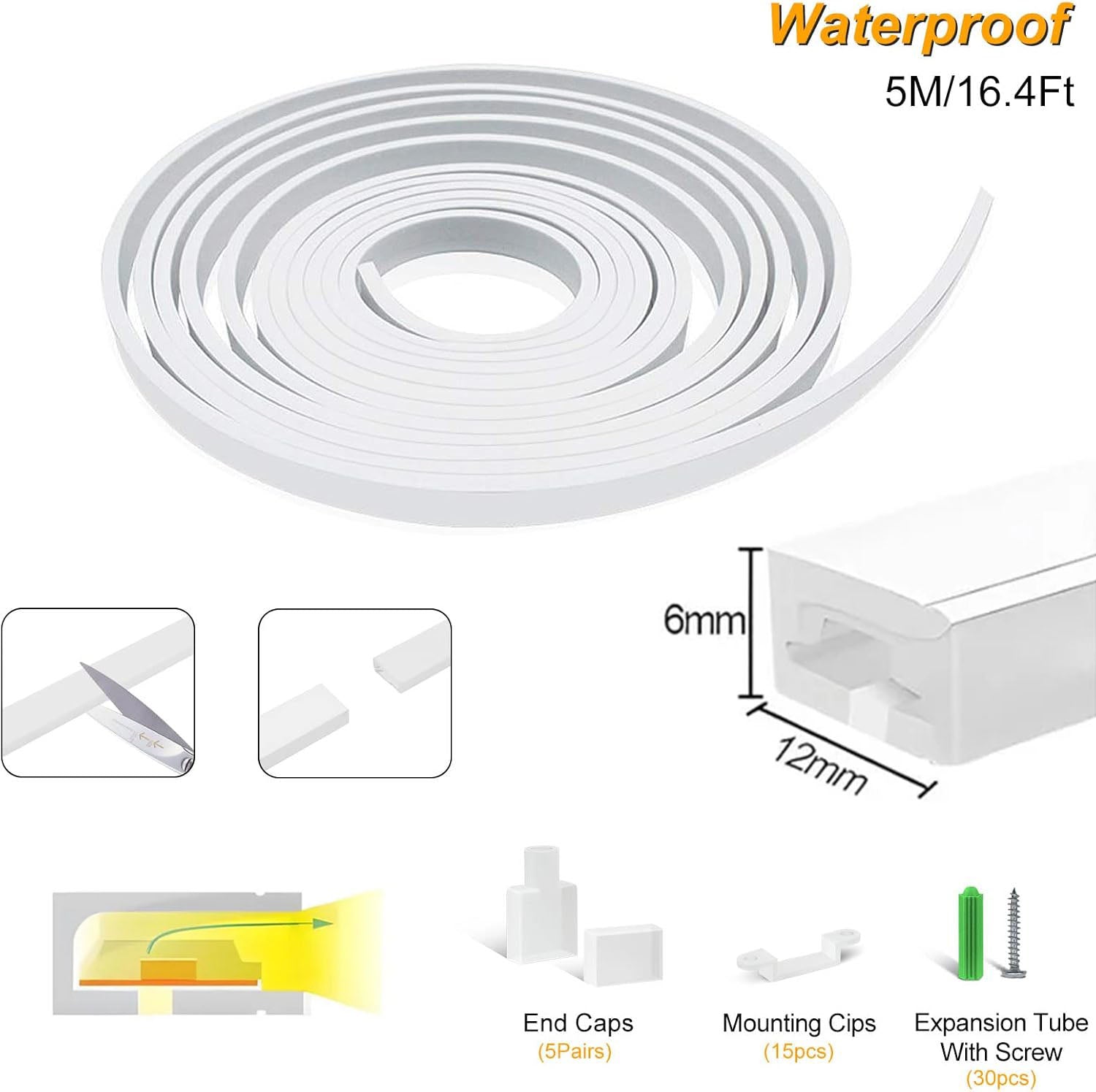 Neon Light Housing – S0612 Side Edge Lighting | 6x12mm Silicone LED Channel System | IP67 Waterproof | 8mm PCB Width | 164FT/50M | Local Stock US/UK/DE