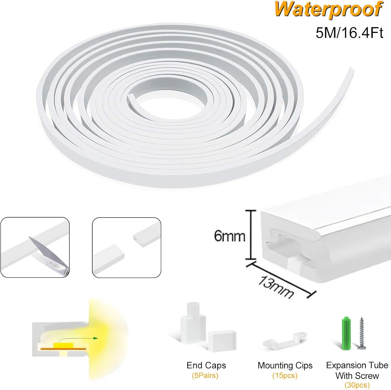 Neon Light Housing – S0613 Side Edge Lighting | 6x13mm Silicone LED Channel System | IP67 Waterproof | 8mm PCB Width | 16.4FT/5M | Local Stock US/UK/DE
