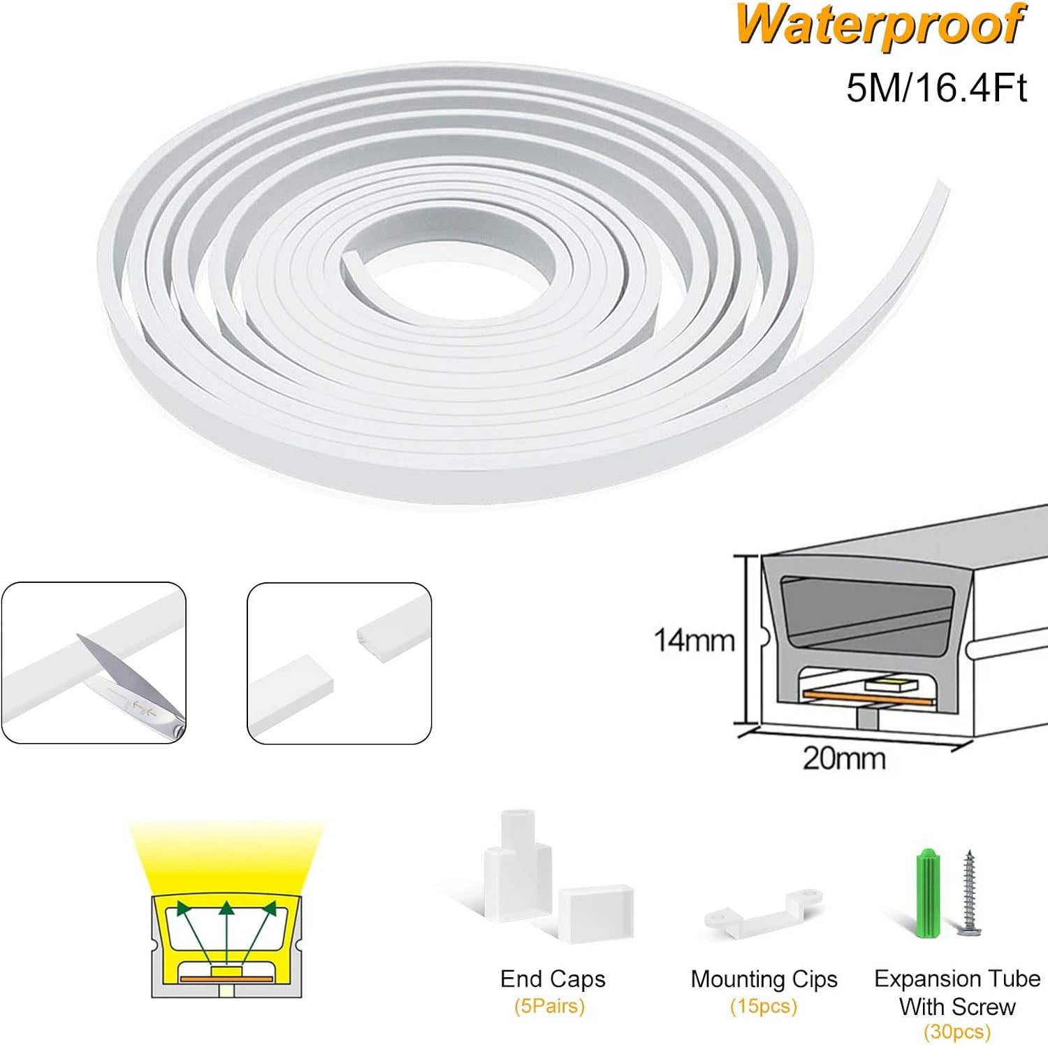 Neon Light Housing – S1420 | 14x20mm Silicone LED Channel System | IP67 Waterproof | 12mm PCB Width | 16.4FT/5M | Local Stock US/UK/DE