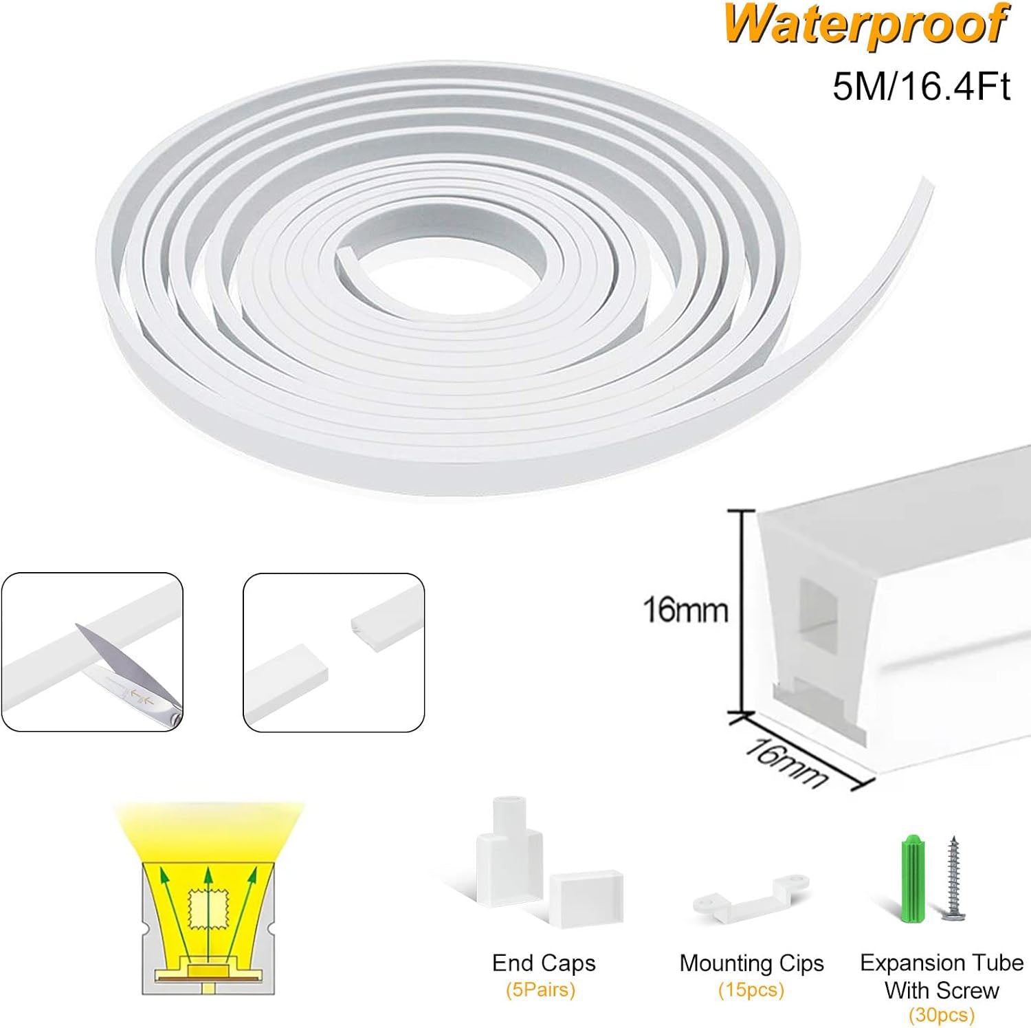 Neon Light Housing – S1616 | 16x16mm Silicone LED Channel System | IP67 Waterproof | 12mm PCB Width | 164FT/50M | Local Stock US/UK/DE