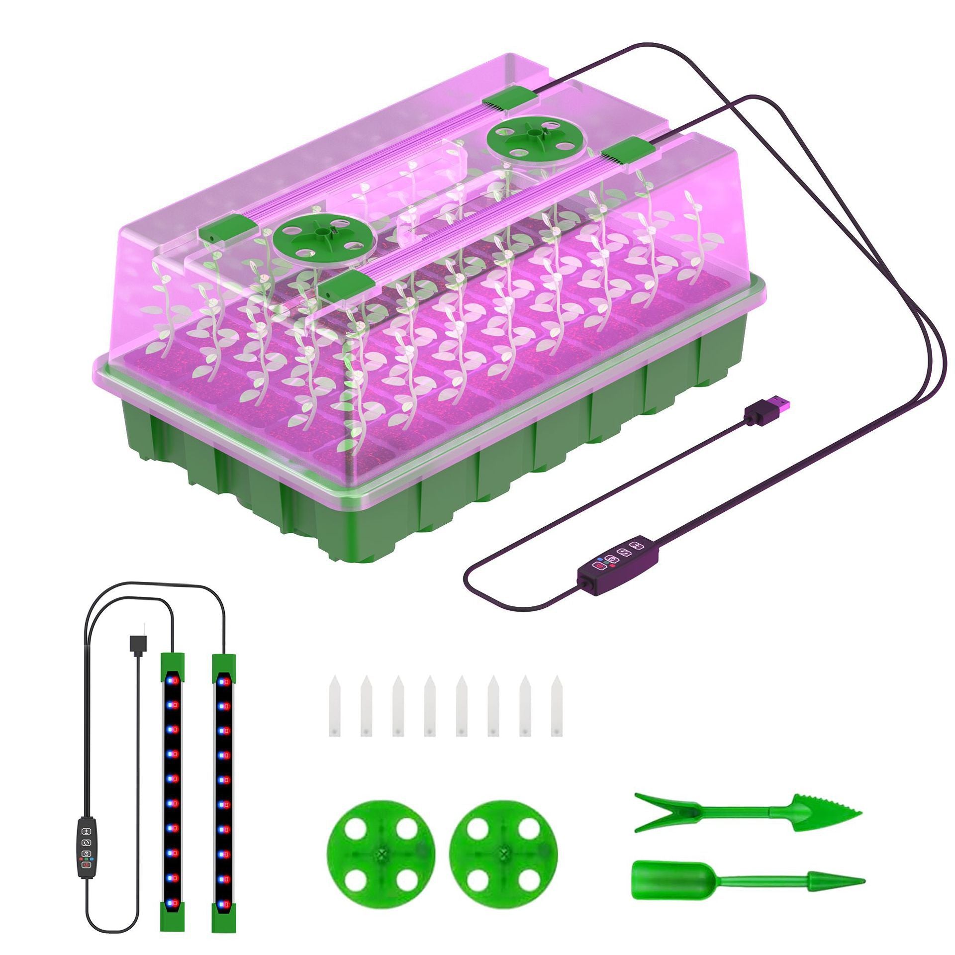 Seed Starter Tray with LED Grow Lights - 40-Cell | Adjustable Brightness and Timer | White & Blue Light / Red & Blue Light | Full Spectrum LEDs | USB Plug | for Indoor Plant Growing | 1 / 2 Pack