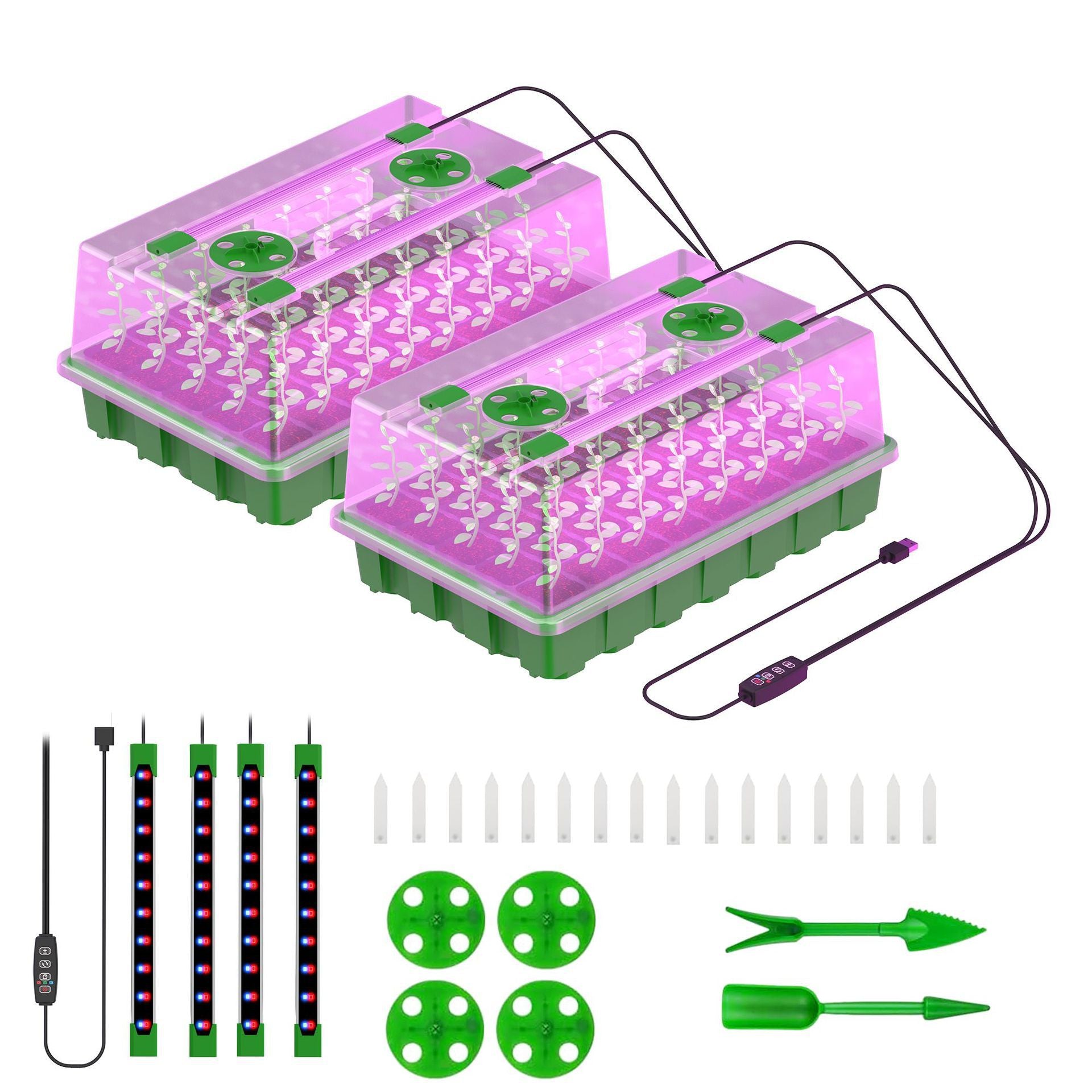 Seed Starter Tray with LED Grow Lights - 40-Cell | Adjustable Brightness and Timer | White & Blue Light / Red & Blue Light | Full Spectrum LEDs | USB Plug | for Indoor Plant Growing | 1 / 2 Pack