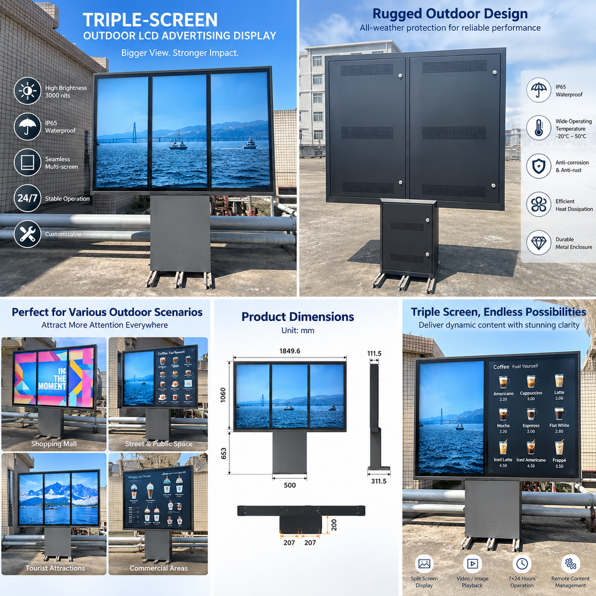 2500-Nit IP66 Outdoor High-Brightness LCD Digital Signage | Triple Side-by-Side Screens | 43", 49" & 55" | Floor-Standing | Optional Touchscreen
