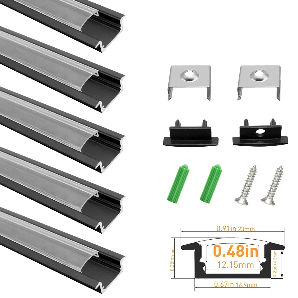 U Shape LED Channel U01-A – 12mm | Silver / Black | Milky White Cover | With Installation Accessories |  – Heavy-Duty Aluminum Profile – 1m / 2m / 3m | 50 / 100-Pack