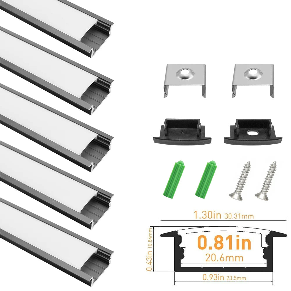 U Shape LED Channel U03-A – 20mm | Silver / Black | Milky White Cover | With Installation Accessories | – Heavy-Duty Aluminum Profile – 1m / 2m / 3m | 50 / 100-Pack