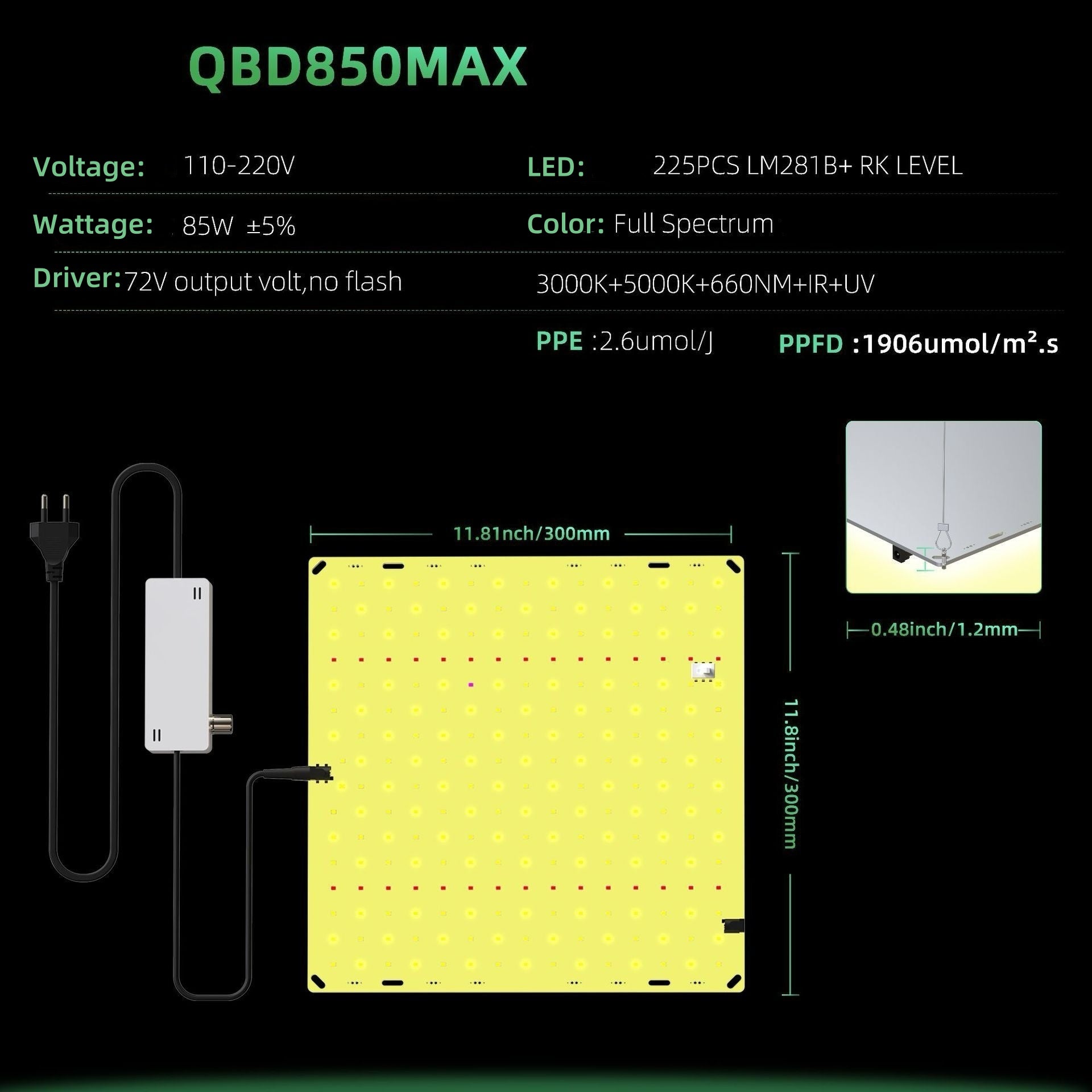 Ultra-Thin Quantum Board LED Grow Light - 65W / 85W / 120W / 150W | 0-10V Dimming | Full Spectrum | AC110 -220V | Included Hanging Rope, Dimmable Driver| Plant Grow Light for Seedling, Veg & Bloom | US / EU / UK / AU Plug