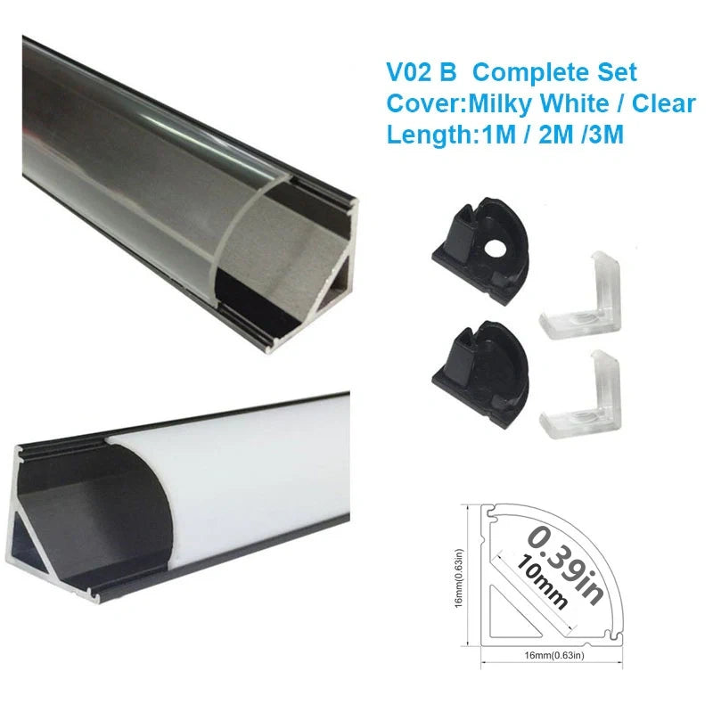 V Shape LED Channel V02-B – 10mm | Silver / Black | Milky White Cover | With Installation Accessories | – Standard Aluminum Profile – 1m / 2m / 3m | 50 / 100-Pack