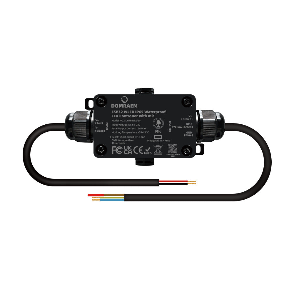 ESP32 WLED IP65 Waterproof Addressable LED Strip Controller | 5V/12V/24V | Single 15A / Dual 20A Output | Music Mic | Home Assistant & Alexa Compatible