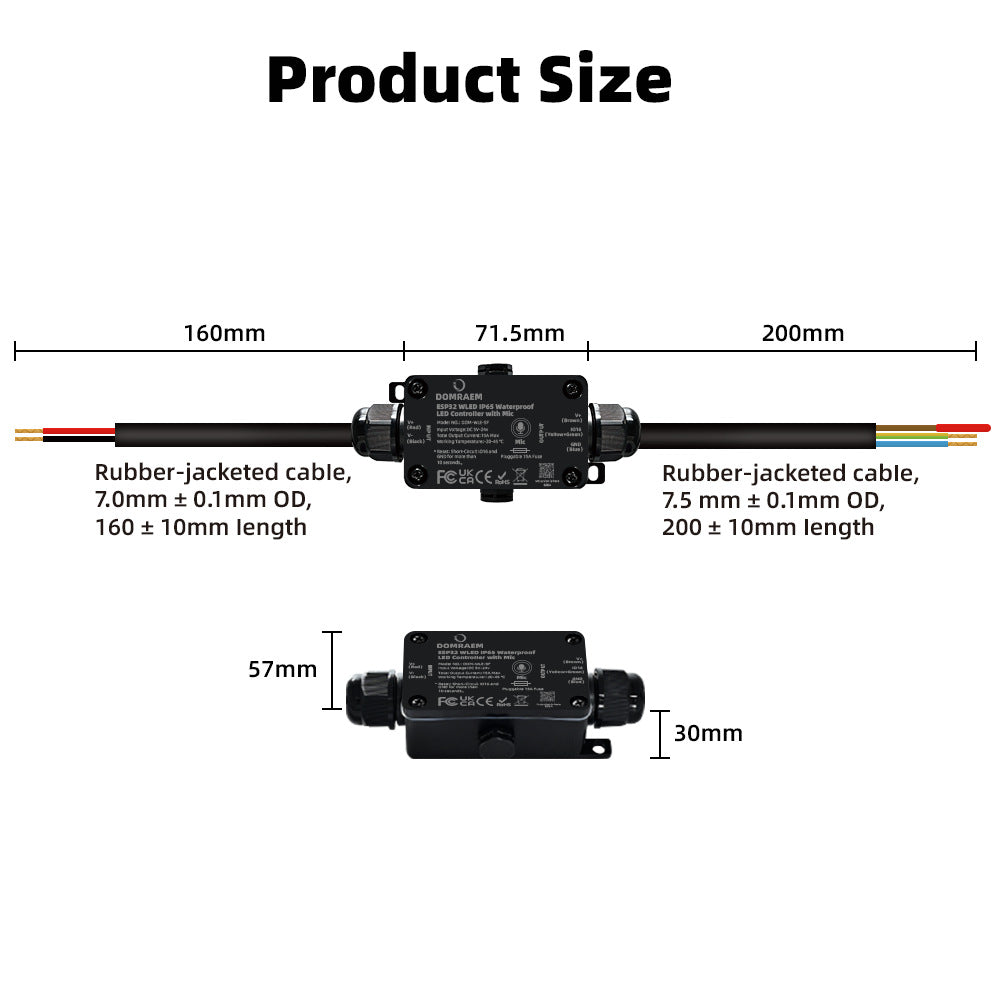 ESP32 WLED IP65 Waterproof Addressable LED Strip Controller | 5V/12V/24V | Single 15A / Dual 20A Output | Music Mic | Home Assistant & Alexa Compatible