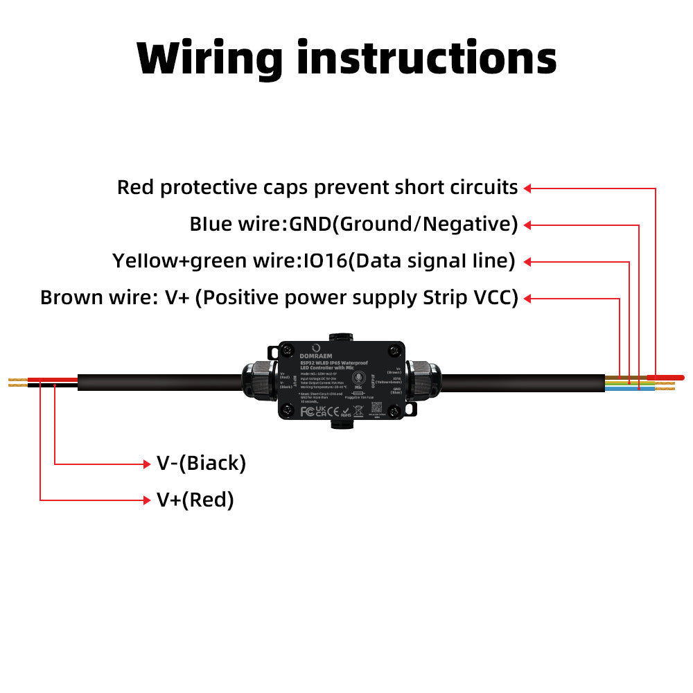 ESP32 WLED IP65 Waterproof Addressable LED Strip Controller | 5V/12V/24V | Single 15A / Dual 20A Output | Music Mic | Home Assistant & Alexa Compatible