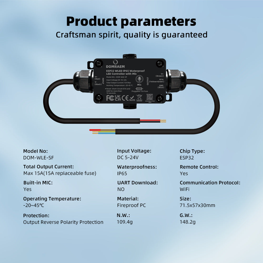 ESP32 WLED IP65 Waterproof Addressable LED Strip Controller | 5V/12V/24V | Single 15A / Dual 20A Output | Music Mic | Home Assistant & Alexa Compatible