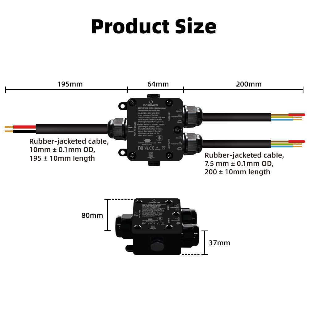 ESP32 WLED IP65 Waterproof Addressable LED Strip Controller | 5V/12V/24V | Single 15A / Dual 20A Output | Music Mic | Home Assistant & Alexa Compatible