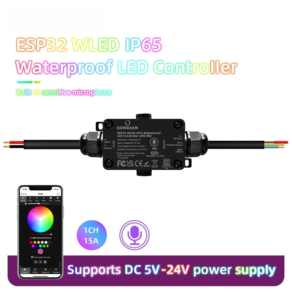 ESP32 WLED IP65 Waterproof Addressable LED Strip Controller | 5V/12V/24V | Single 15A / Dual 20A Output | Music Mic | Home Assistant & Alexa Compatible