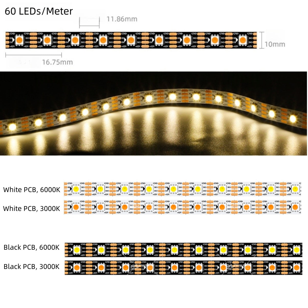 Single White IC LED Strip Light | WS2815 Individually Addressable | Breakpoint Resume | SMD5050 White | 60 LEDs/M | 5M (16.4FT) Roll | 12V DC | White/Black PCB | IP00/IP65/IP67 Options | Strip & Kit Packages
