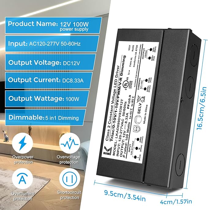 12V DC 5-in-1 Dimmable LED Power Supply, 60W/100W/200W, UL Listed, AC 120–277V Input, Waterproof Driver for Triac/ELV/0-10V/PWM/Resistive Control