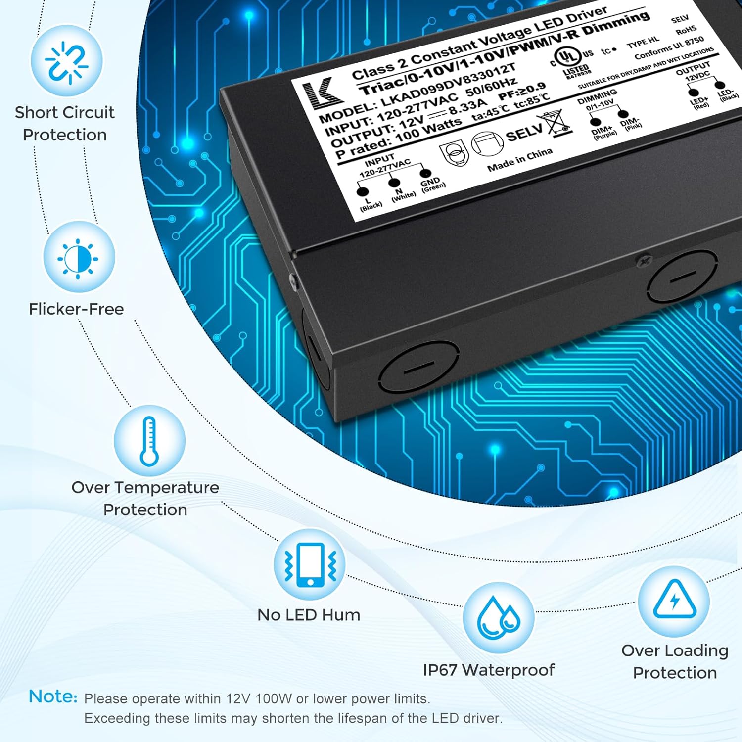 12V DC 5-in-1 Dimmable LED Power Supply, 60W/100W/200W, UL Listed, AC 120–277V Input, Waterproof Driver for Triac/ELV/0-10V/PWM/Resistive Control