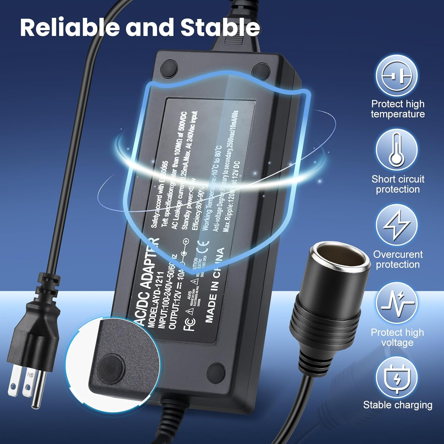 DC 12 V Zigarettenanzünder-Tischnetzteiladapter 60 W–120 W, AC 100–240 V Eingang, Konvertertransformator mit US/UK-Stecker – für Autozubehör, Luftpumpe, Kühler und Elektronik