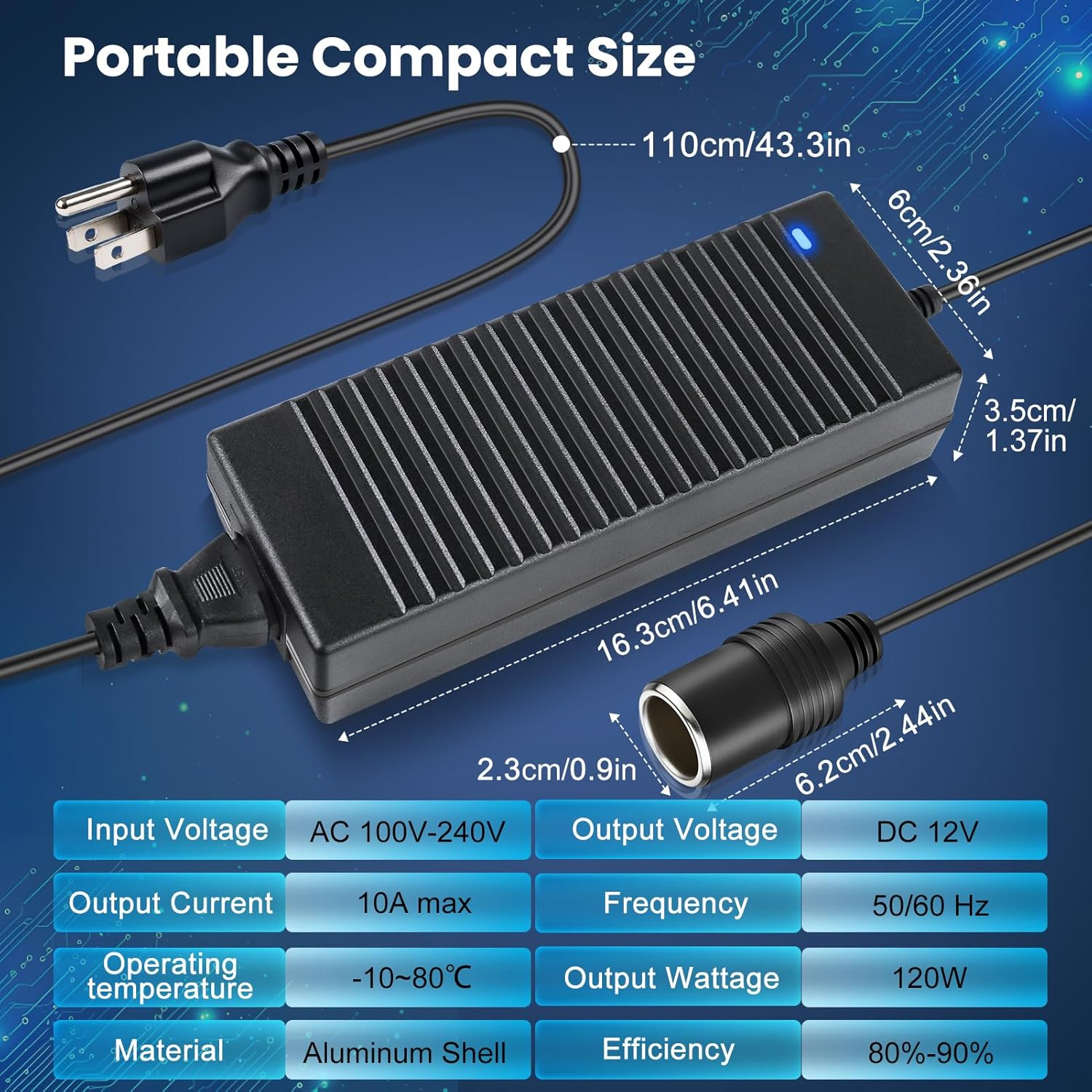 DC 12 V Zigarettenanzünder-Tischnetzteiladapter 60 W–120 W, AC 100–240 V Eingang, Konvertertransformator mit US/UK-Stecker – für Autozubehör, Luftpumpe, Kühler und Elektronik