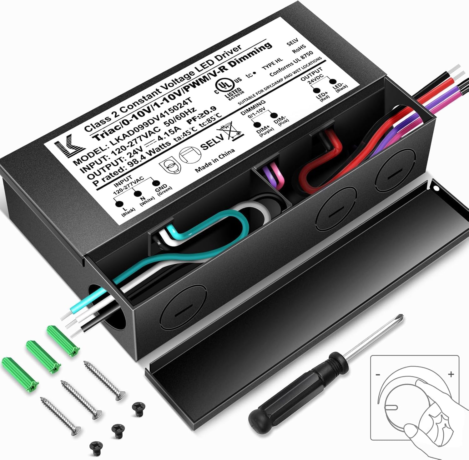 24V DC 5-in-1 Dimmable LED Power Supply, 60W/100W/200W, UL Listed, AC 120–277V Input, Waterproof Driver for Triac/ELV/0-10V/PWM/Resistive Control