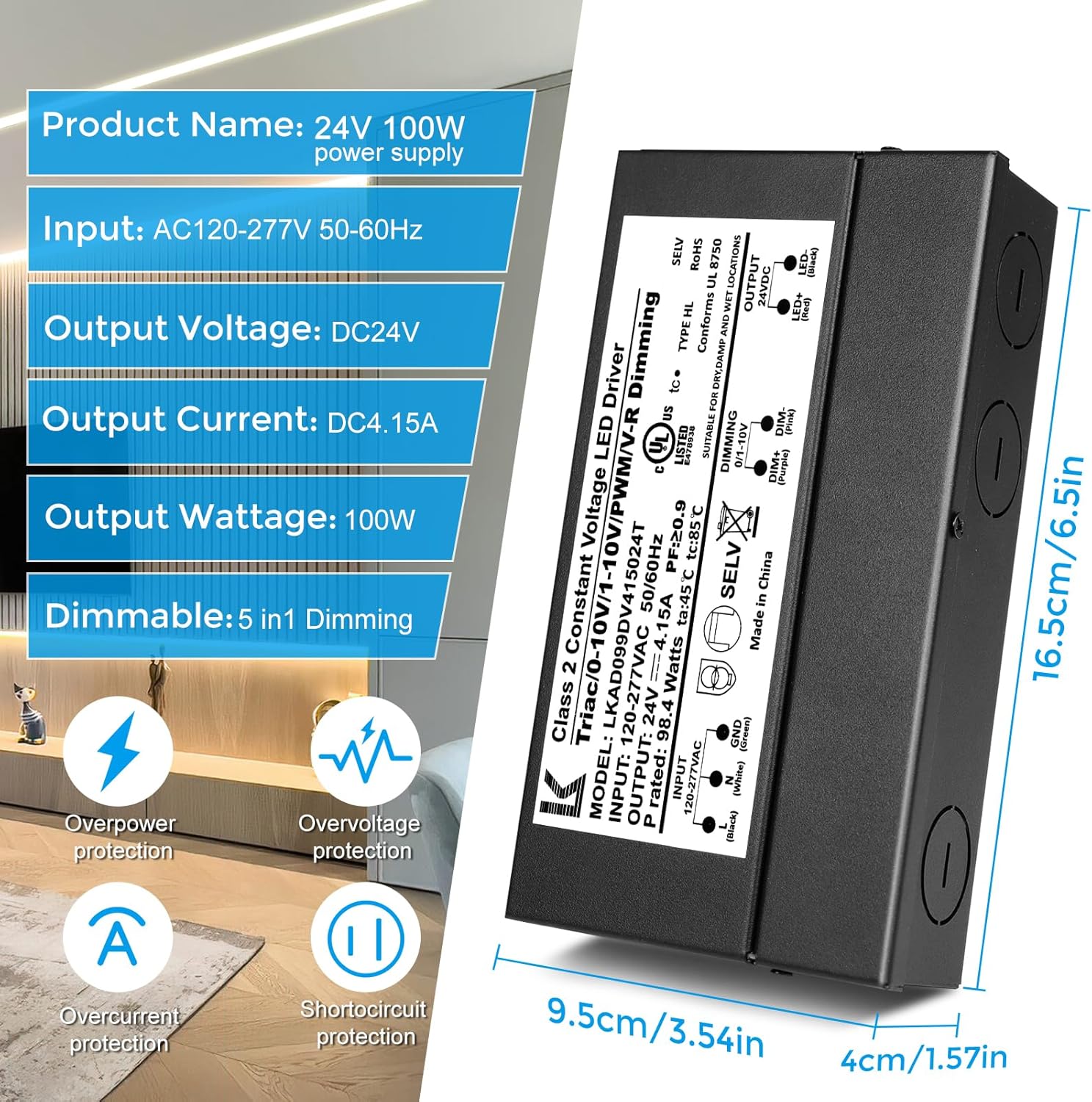 24V DC 5-in-1 Dimmable LED Power Supply, 60W/100W/200W, UL Listed, AC 120–277V Input, Waterproof Driver for Triac/ELV/0-10V/PWM/Resistive Control