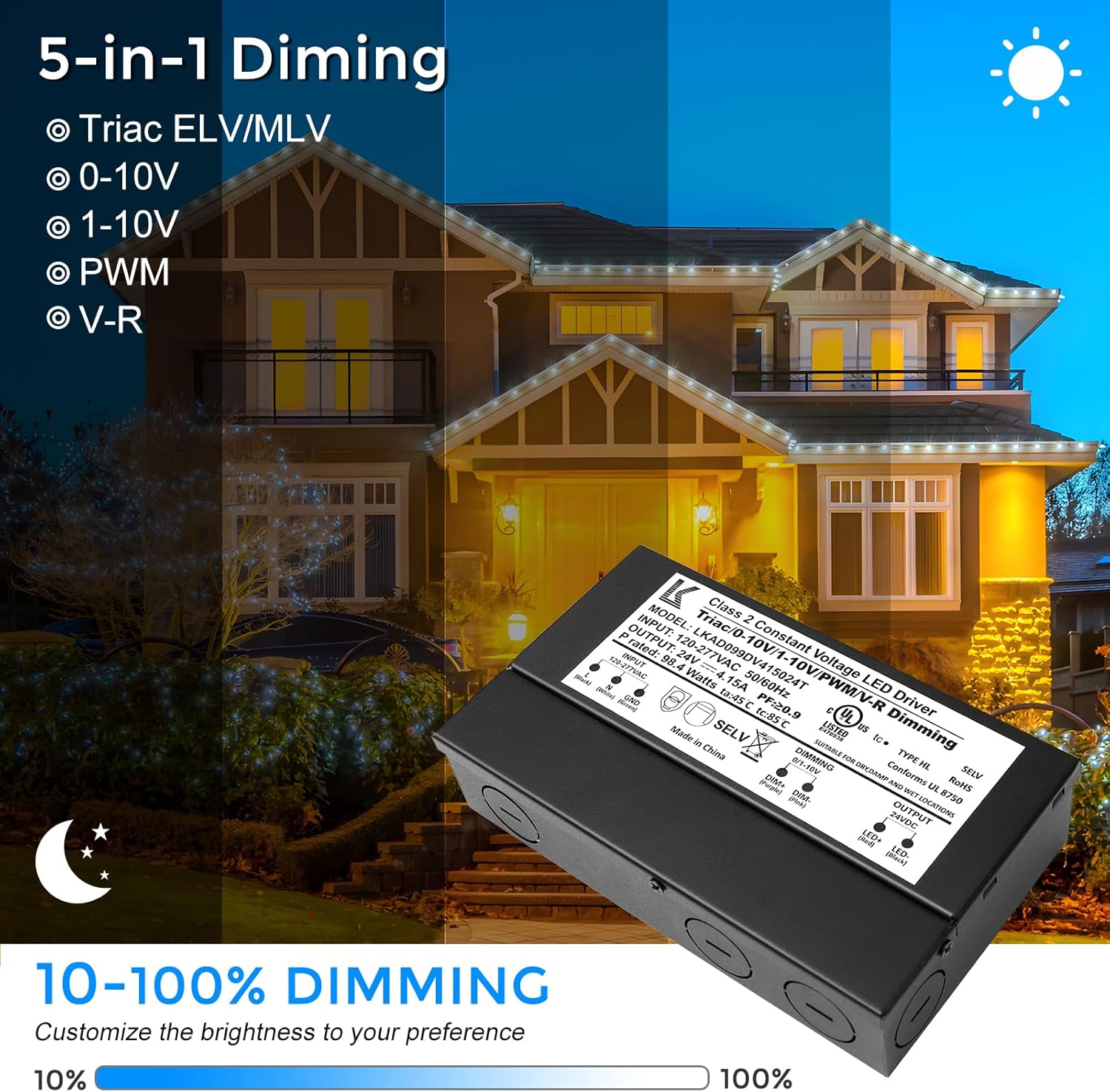 24V DC 5-in-1 Dimmable LED Power Supply, 60W/100W/200W, UL Listed, AC 120–277V Input, Waterproof Driver for Triac/ELV/0-10V/PWM/Resistive Control