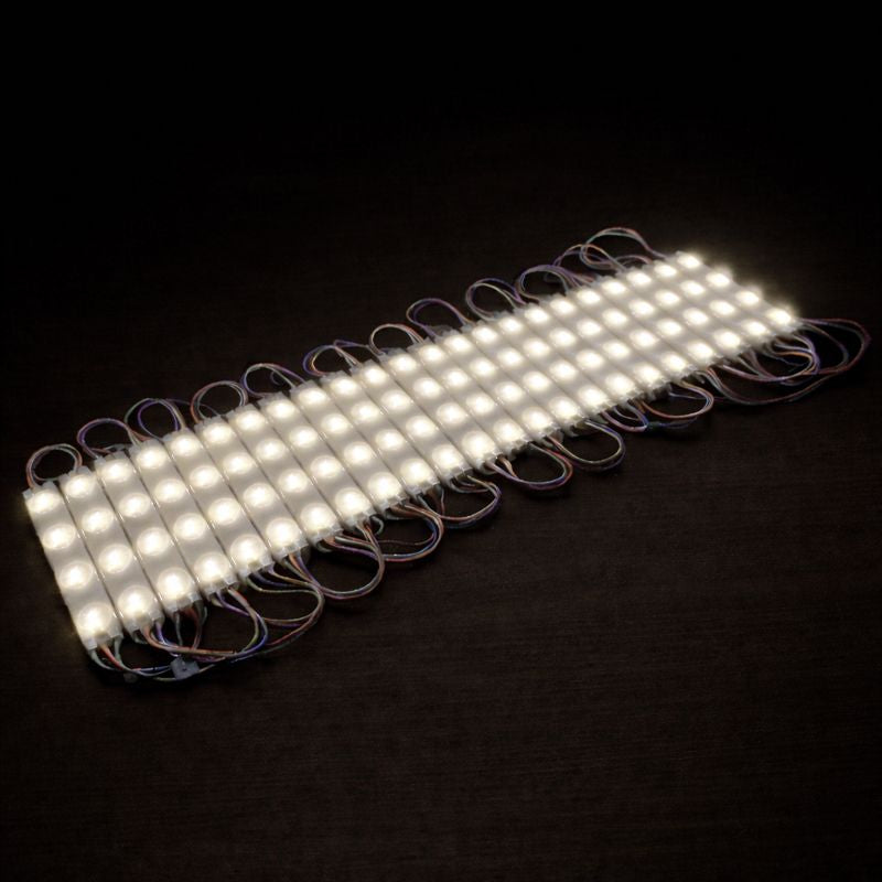 SMD2835 LED Module String – 3 LEDs/Module | 1.5 W 130 lm | 60×13 mm | DC 12 V | IP65 Waterproof with Adhesive Tape | for Light Box & Channel Letter Signage (20-pcs/String)– 10000K / 6500K / 4000K / 3000K / Red / Green / Blue / Yellow / Pink