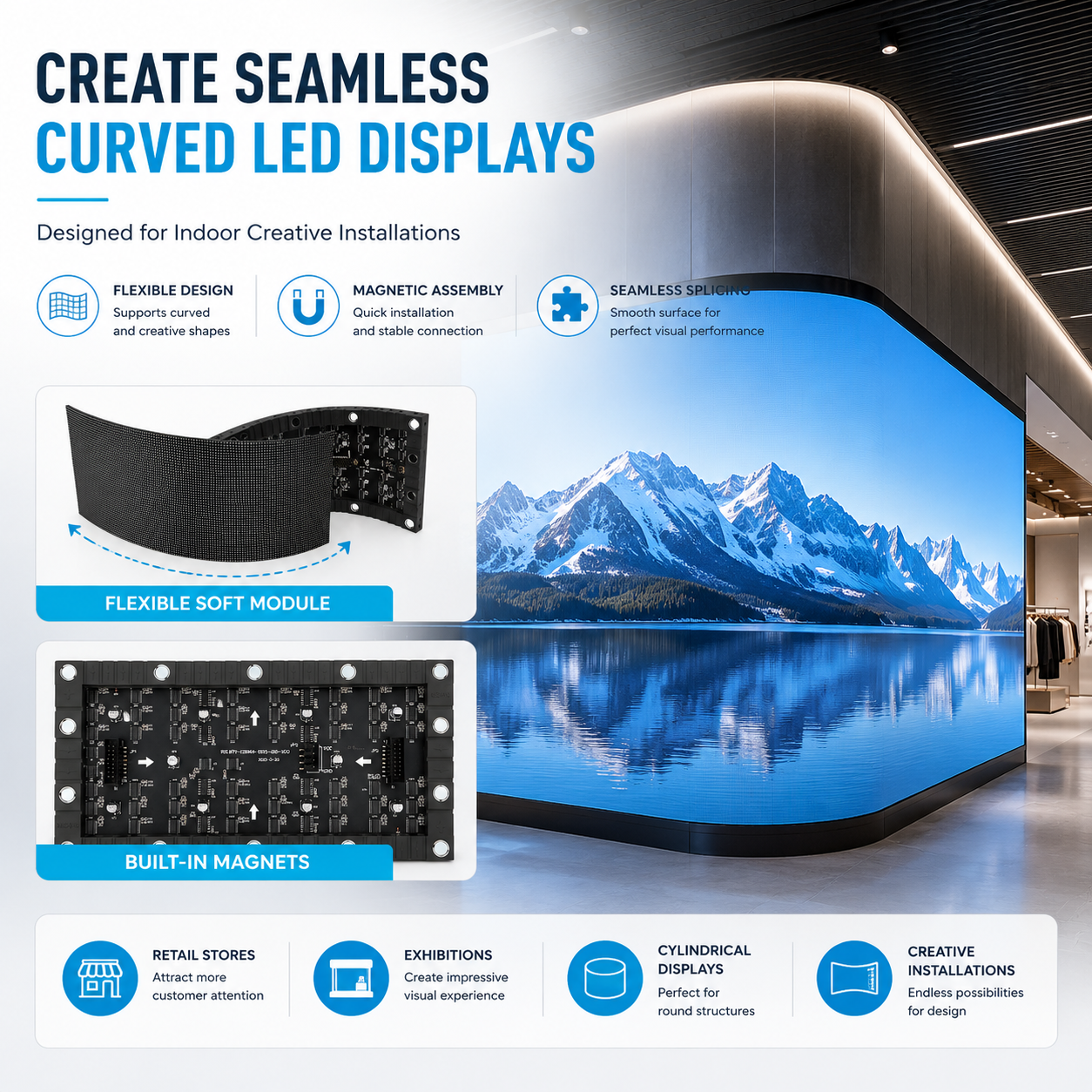 Module LED flexible d'intérieur série IF-2S – P1.25 | 240 × 120 mm | CMS | Coque arrière souple avec aimant | 600 nits 