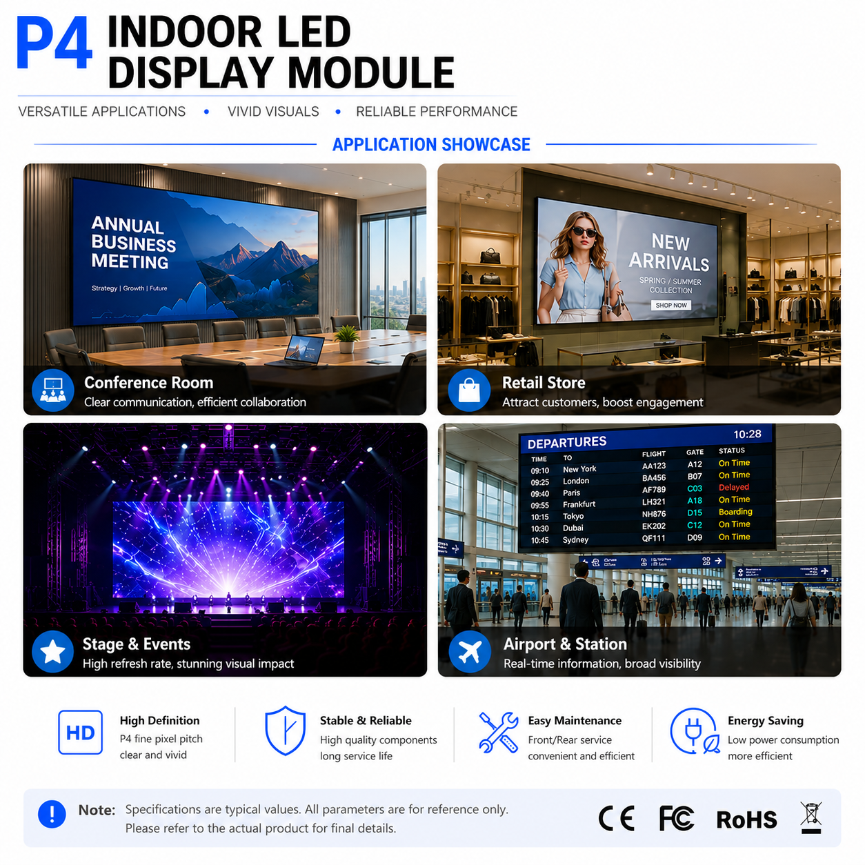 ID-S Series – P4 Indoor LED Display Module | 320×160mm | 3,200 Pixels RGB Tile | Full Color LED Panel | 600nits