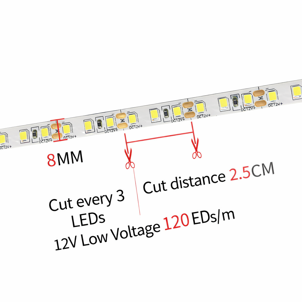 DC12V SMD2835 Single Color LED Strip Light – 120 LEDs/m | 8mm PCB | High Brightness Low Voltage LED Tape | IP00 / IP67 | Warm White / Natural White / Cool White / Blue / Red / Ice Blue / Golden Yellow | for Mirror, Kitchen Cabinet, Bedroom | 5/50M