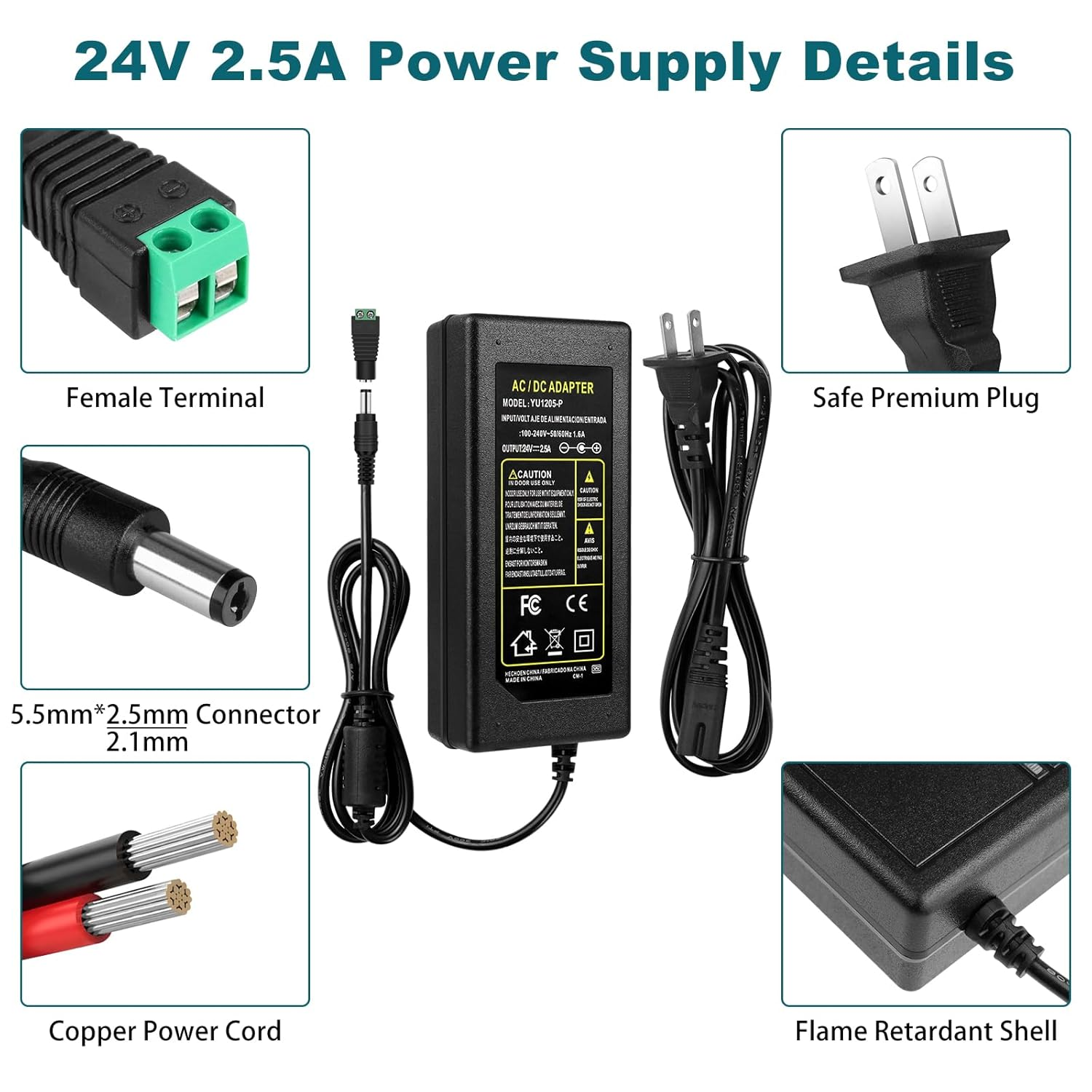 DC 24 V Desktop-Netzteiladapter 60 W–120 W, AC 100–240 V Eingang, Schalttransformator-Ladegerät mit US-Stecker – für LED-Streifenlichter, 3D-Drucker, CCTV und Elektronik